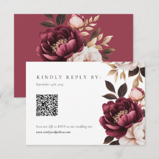 Elegant Burgundy Gold Floral Wedding QR Code RSVP Card