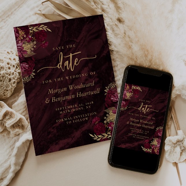 Elegant Burgundy Gold Floral Wedding Save the Date Invitation (Creator Uploaded)