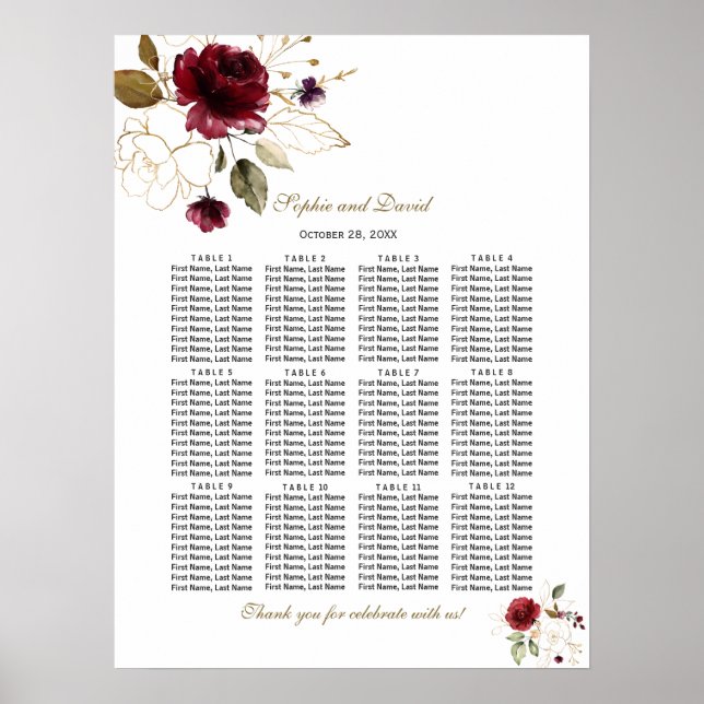 Elegant Burgundy Gold Floral Wedding Seating Chart (Front)