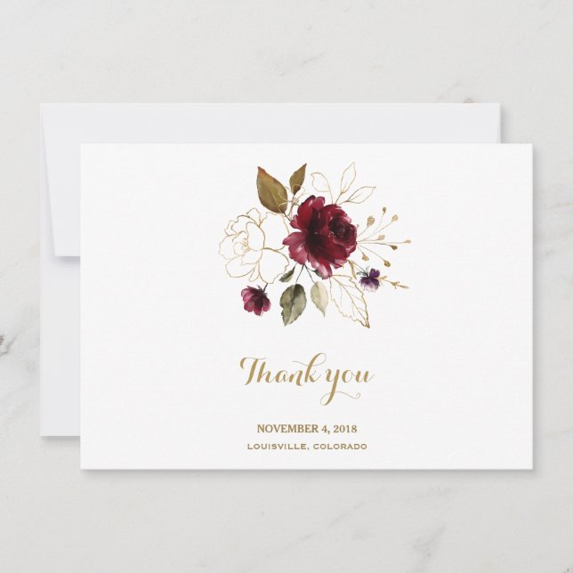 Elegant Burgundy Gold Floral Wedding Thank You Card (Front)
