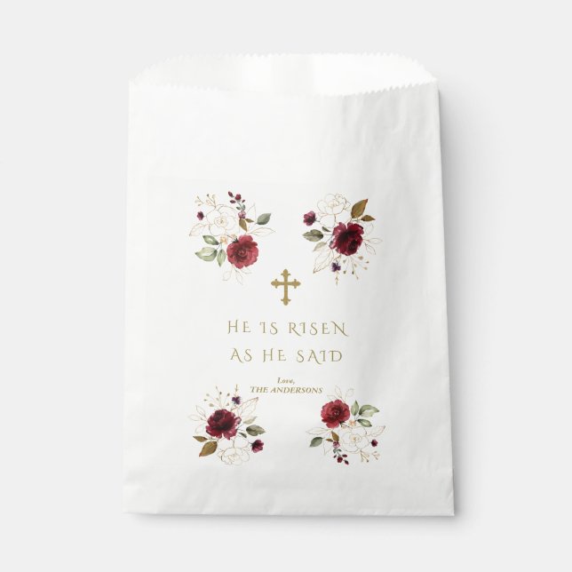 Elegant Burgundy Gold Flowers He Is Risen Easter   Favour Bag (Front)