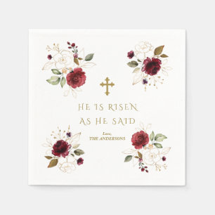 Elegant Burgundy Gold Flowers He Is Risen Easter Napkin