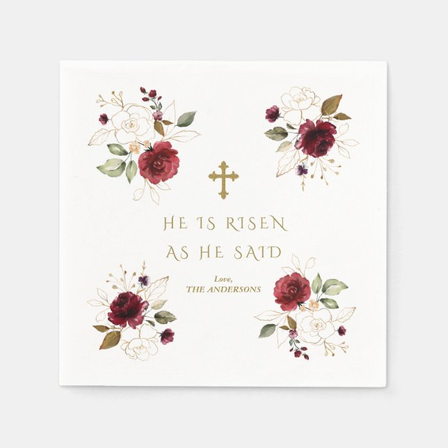 Elegant Burgundy Gold Flowers He Is Risen Easter  Napkin (Front)