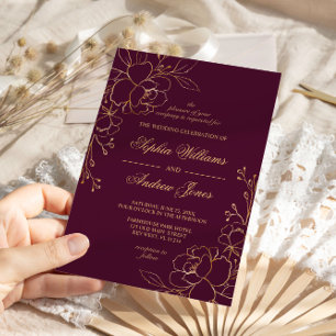 Elegant Burgundy & Gold Flowers Wedding Invitation