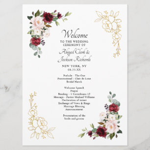 Elegant Burgundy Gold Foil Floral Wedding Ceremony Program
