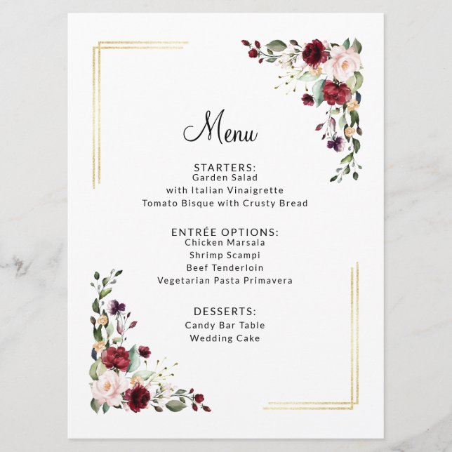Elegant Burgundy Gold Foil Floral Wedding Dinner Menu (Front)