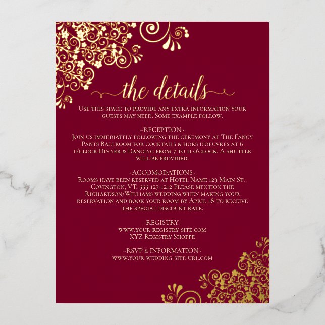 Elegant Burgundy & Gold Foil Wedding Details Card (Front)