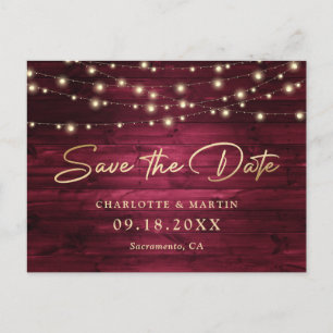 Elegant Burgundy Gold Foil Wood Save The Date Announcement Postcard