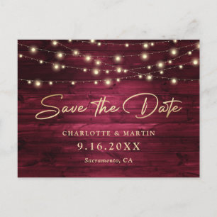 Elegant Burgundy Gold Foil Wood Save The Date Announcement Postcard