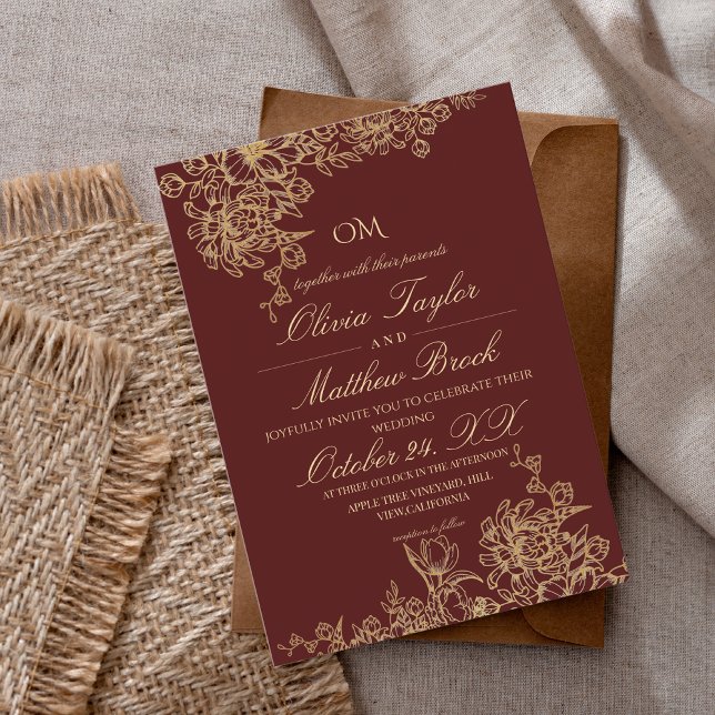 Elegant Burgundy & Gold Garden Floral Wedding Invitation (Creator Uploaded)