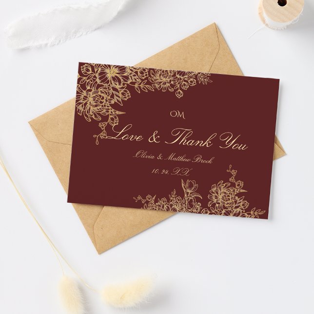 Elegant Burgundy & Gold Garden Floral Wedding  Thank You Card (Creator Uploaded)