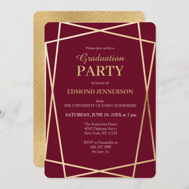 Elegant Burgundy Gold Geometric Graduation Party Invitation (Front/Back)
