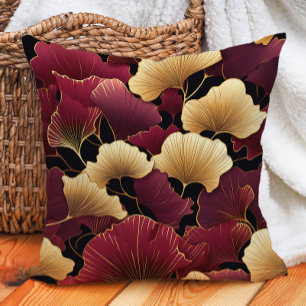 Elegant Burgundy Gold Ginko Leaves Black Cushion