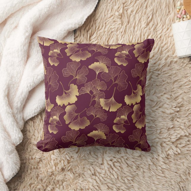 Elegant Burgundy Gold Ginko Leaves  Cushion (Blanket)