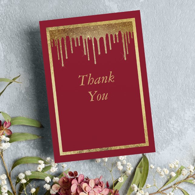Elegant burgundy gold glitter drips 50th Birthday Thank You Card (Elegant burgundy gold glitter drips 50th Birthday Thank You)