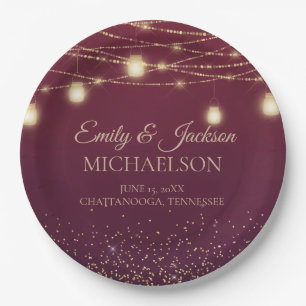 Elegant Burgundy Gold Glitter String Light Wedding Paper Plate