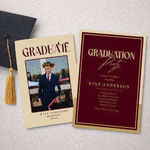 Elegant Burgundy Gold Graduation Party Photo   Invitation