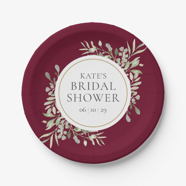 Elegant Burgundy Gold Greenery Bridal Shower Paper Plate (Front)