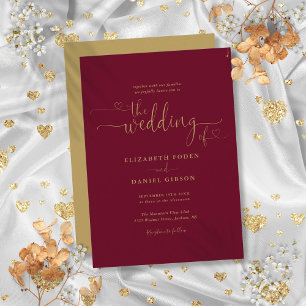 Elegant Burgundy Gold Hearts Calligraphy Wedding Invitation