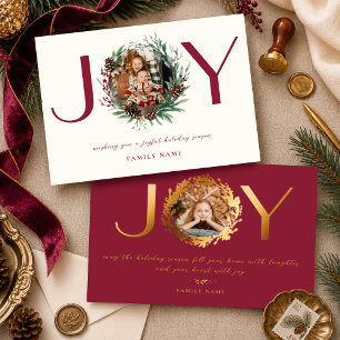 Elegant Burgundy Gold Joy Modern Family Photo Holiday Card