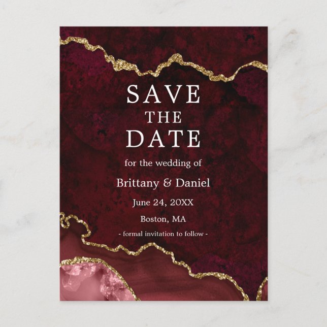 Elegant Burgundy Gold Marble Geode Save The Date Announcement Postcard (Front)