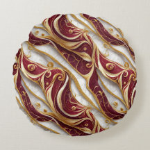 Elegant Burgundy & Gold Marble Round Throw Pillow