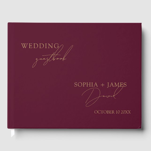 Elegant Burgundy Gold Minimalist Wedding Guest Book (Front)
