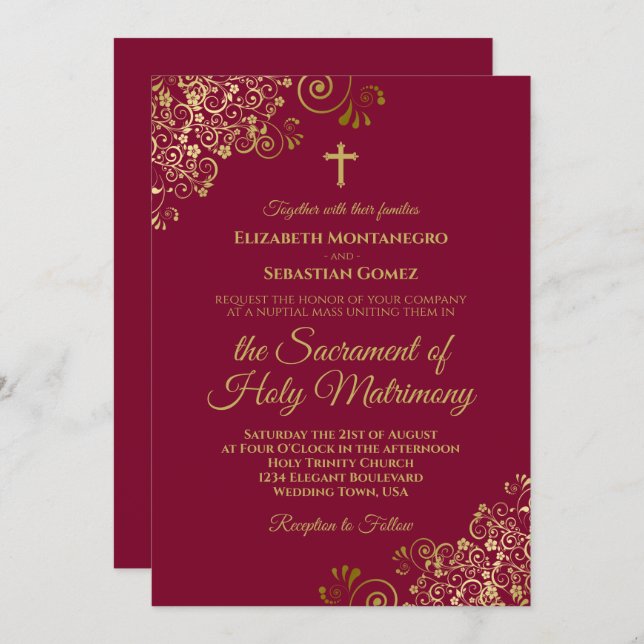 Elegant Burgundy & Gold Modern Catholic Wedding Invitation (Front/Back)