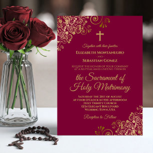 Elegant Burgundy & Gold Modern Catholic Wedding Invitation
