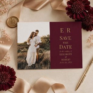 Elegant Burgundy Gold Monogram Custom Photo Invitation