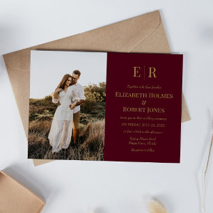 Elegant Burgundy Gold Monogram Custom Photo Invitation