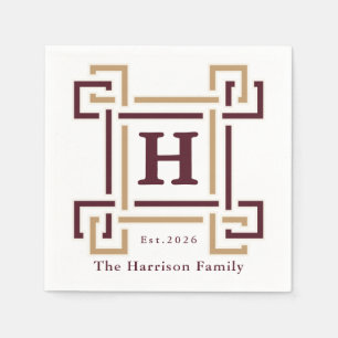 Elegant Burgundy Gold Monogram Family Name Napkin