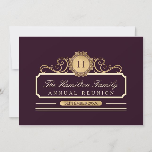 Elegant Burgundy Gold Monogram Family Reunion Invitation (Back)