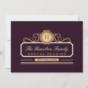 Elegant Burgundy Gold Monogram Family Reunion Invitation