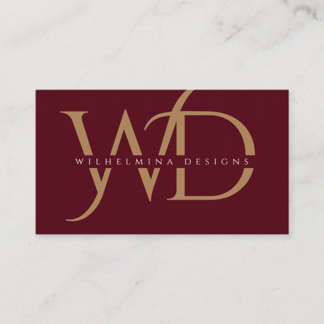 Elegant Burgundy Gold Monogram Luxury Typography Business Card (Front)