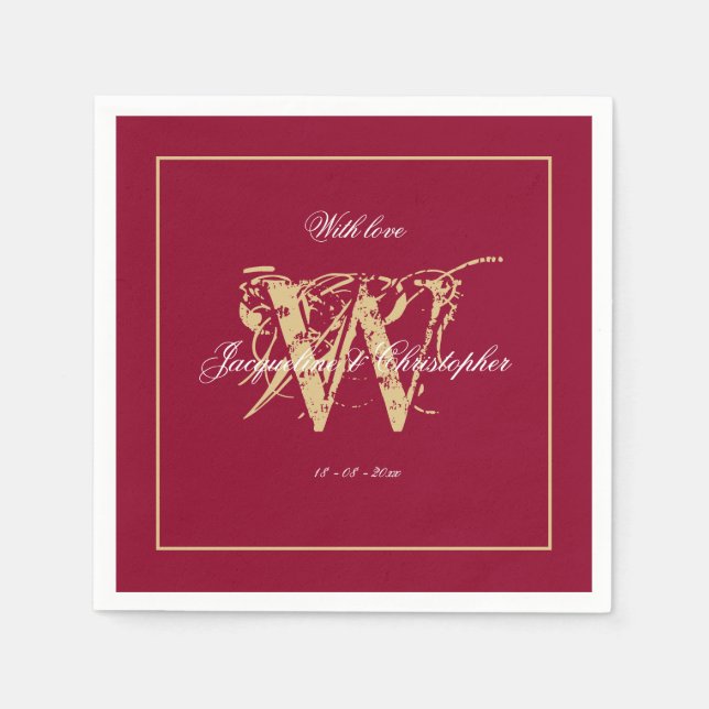 Elegant Burgundy Gold Monogram Names Chic Wedding  Napkin (Front)