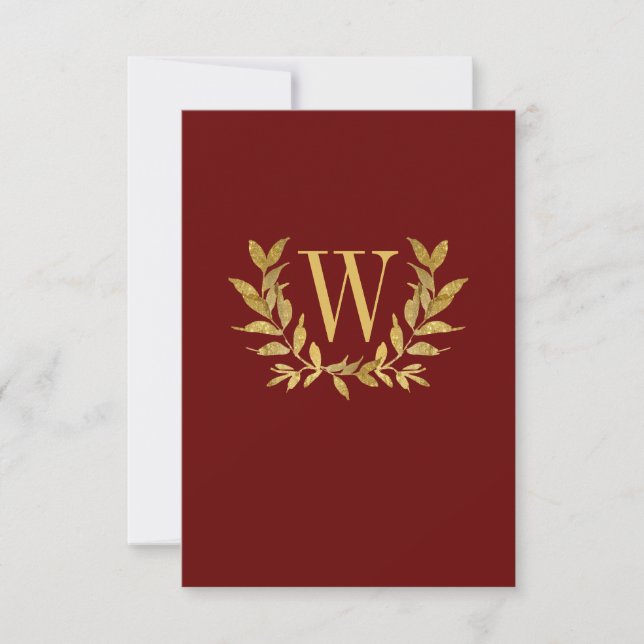 Elegant Burgundy Gold Monogram Wedding Thank You Card (Front)