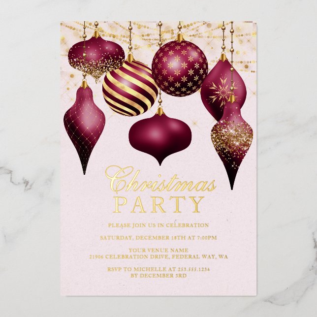 Elegant Burgundy Gold Ornaments Christmas Party (Front)