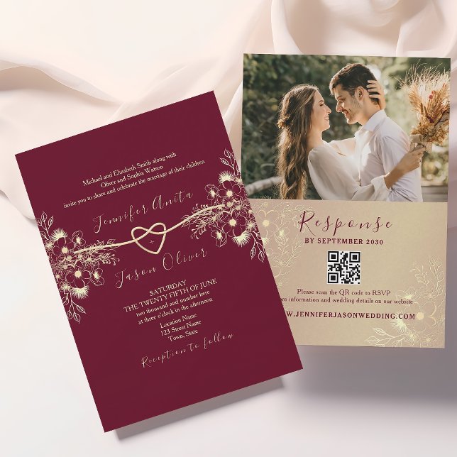Elegant Burgundy Gold QR Code Photo Wedding Invitation (Creator Uploaded)