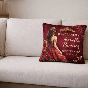 Elegant Burgundy Gold Quinceañera Cushion