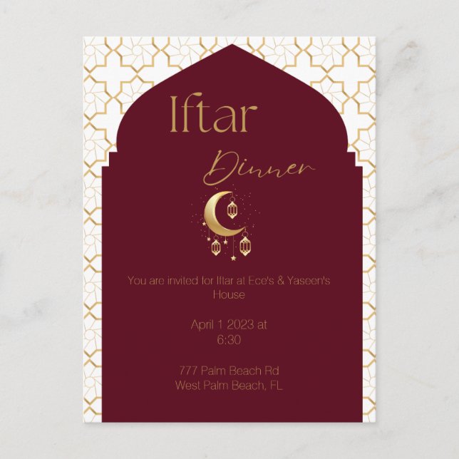 Elegant Burgundy & Gold Ramadan Iftar Invitation  Postcard (Front)