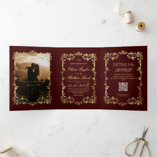 Elegant Burgundy Gold Rose Flowers Wedding Tri-Fold Invitation