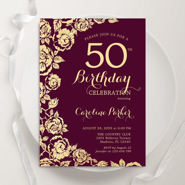 Elegant Burgundy Gold Roses 50th Birthday Invitation (Creator Uploaded)