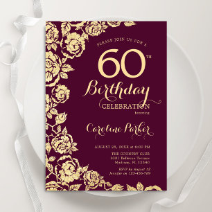 Elegant Burgundy Gold Roses 60th Birthday Invitation