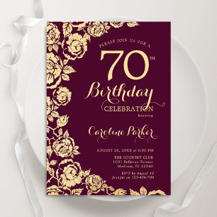 Elegant Burgundy Gold Roses 70th Birthday Invitation