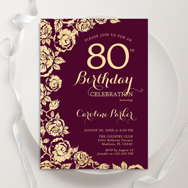 Elegant Burgundy Gold Roses 80th Birthday Invitation (Creator Uploaded)