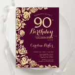 Elegant Burgundy Gold Roses 90th Birthday Invitation<br><div class="desc">Burgundy gold floral 90th birthday party invitation. Elegant design featuring roses,  faux gold foil and typography script font. Trendy invite card perfect for a stylish female bday celebration. Can be customised to any age. Printed Zazzle invitations or instant download digital printable template.</div>