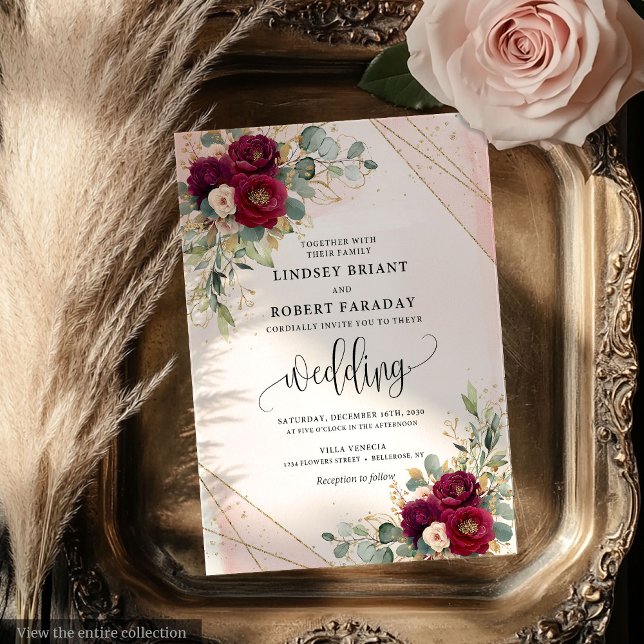 Elegant Burgundy Gold Roses Floral Wedding Invites (Elegant Burgundy Gold Roses Floral Wedding Invitation)