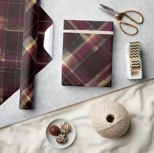 Elegant Burgundy Gold Royal Wine Plaid Pattern Wrapping Paper