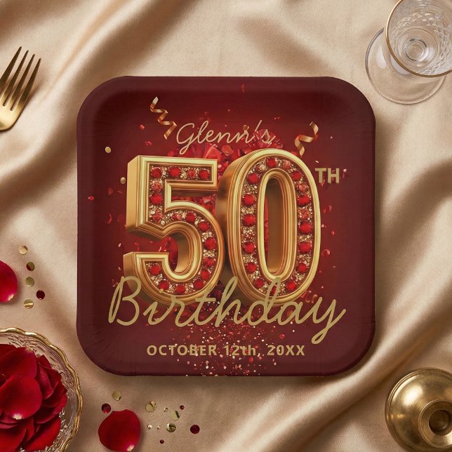 Elegant Burgundy Gold Ruby Gem 50th Birthday Party Paper Plate (Creator Uploaded)